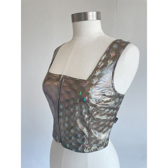 Vtg 80's Tripp NYC Holographic Zip Up Cropped Tank L RARE Rave Club Techno Top - Picture 4 of 8